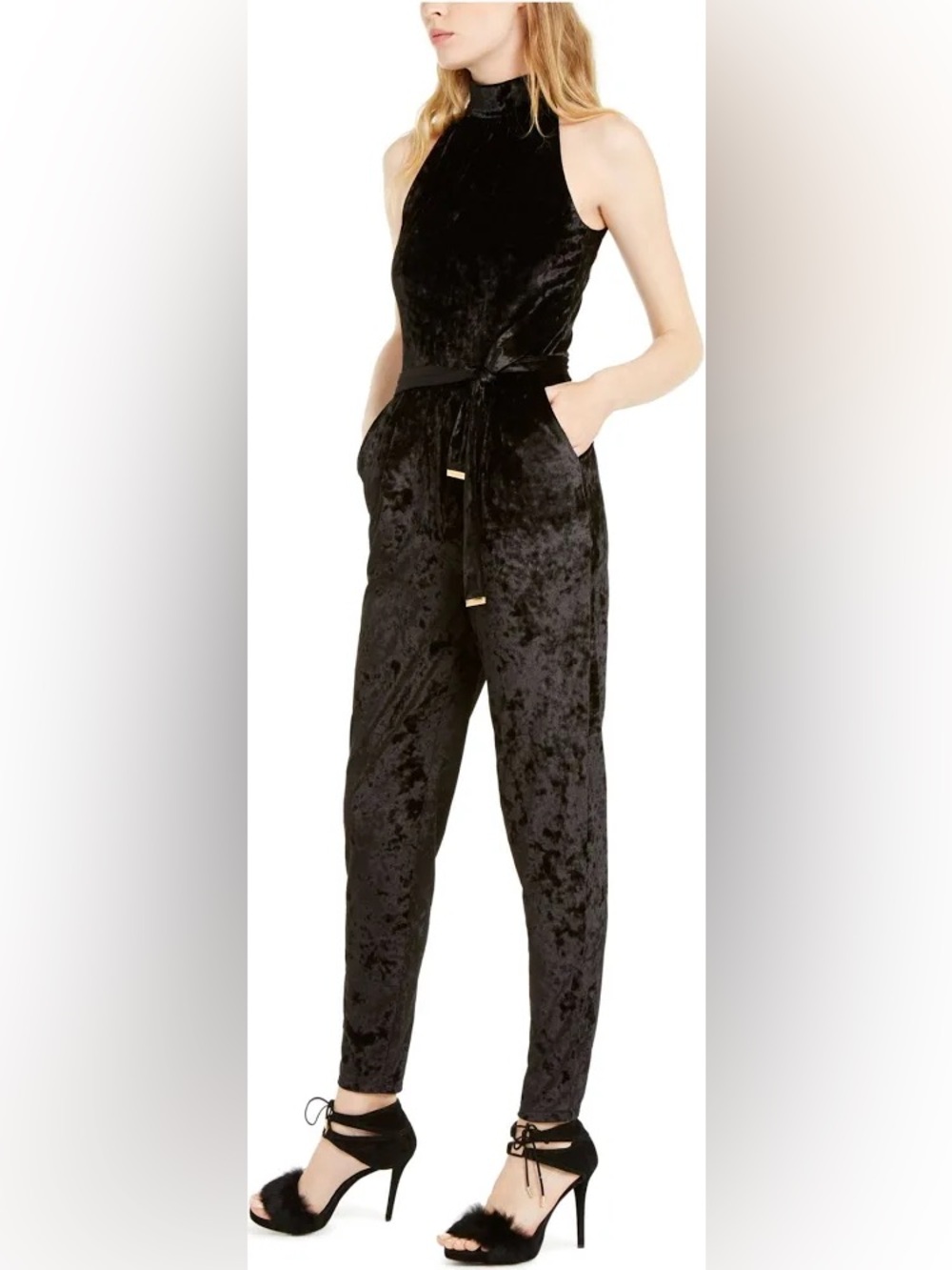 MICHAEL Michael Kors Black Velvet High-Neck Jumpsuit with belt